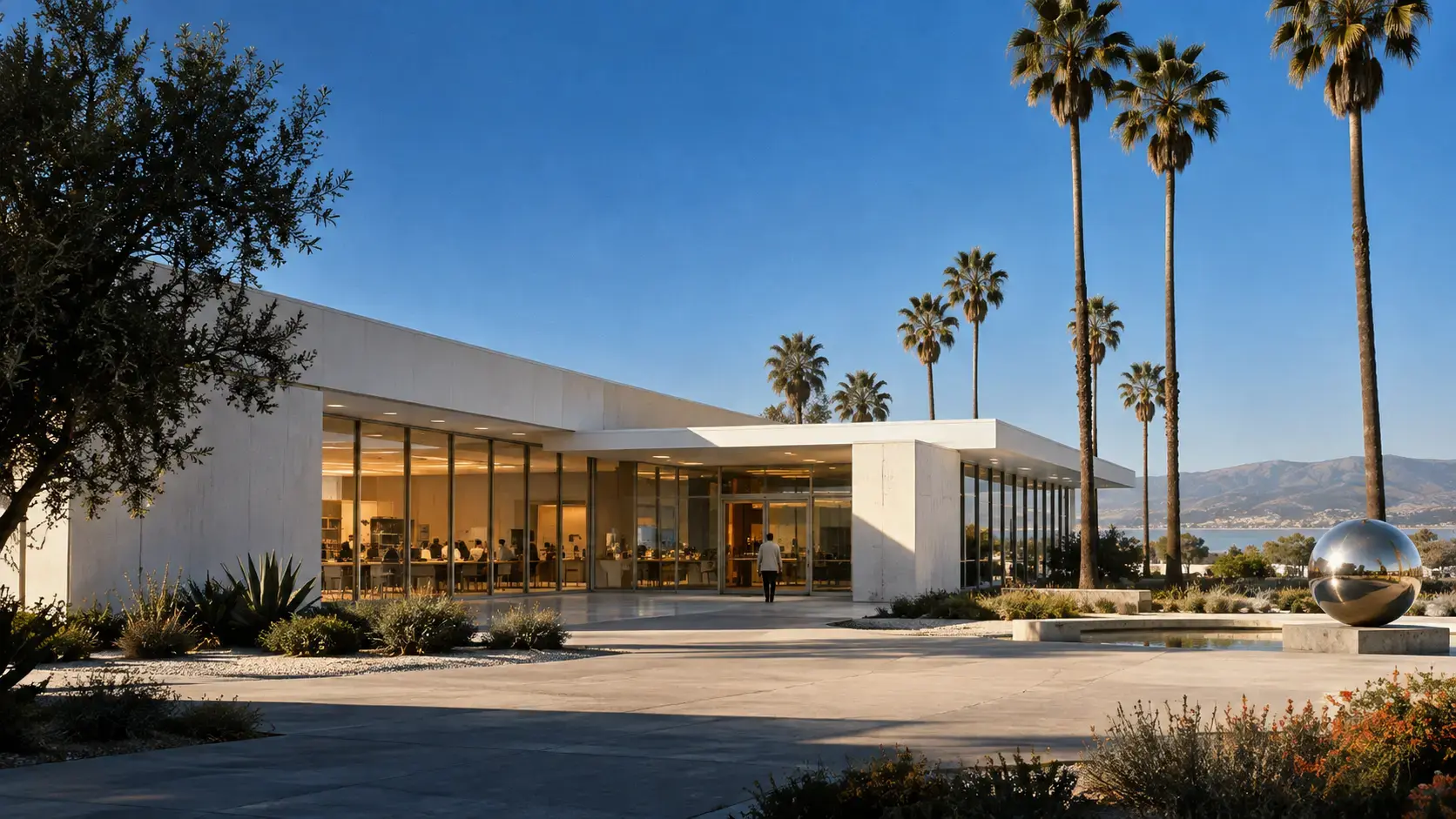 A sunlit California research campus with palms and a steel calibration sphere