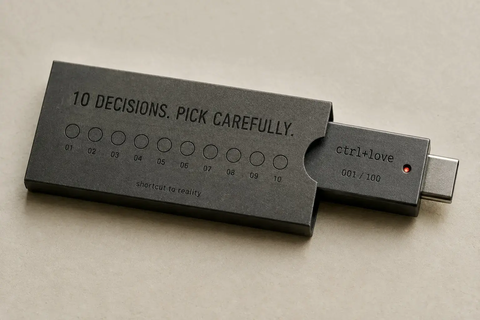 The ctrl+love Decision Stick in its sleeve